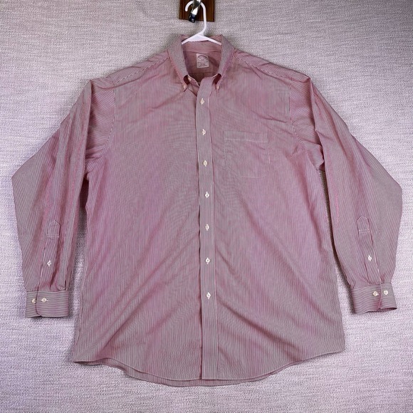 Brooks Brothers 346 Shirt 17.5 6 7 Mens L/S Button Down Red Striped VGUC - Picture 2 of 8